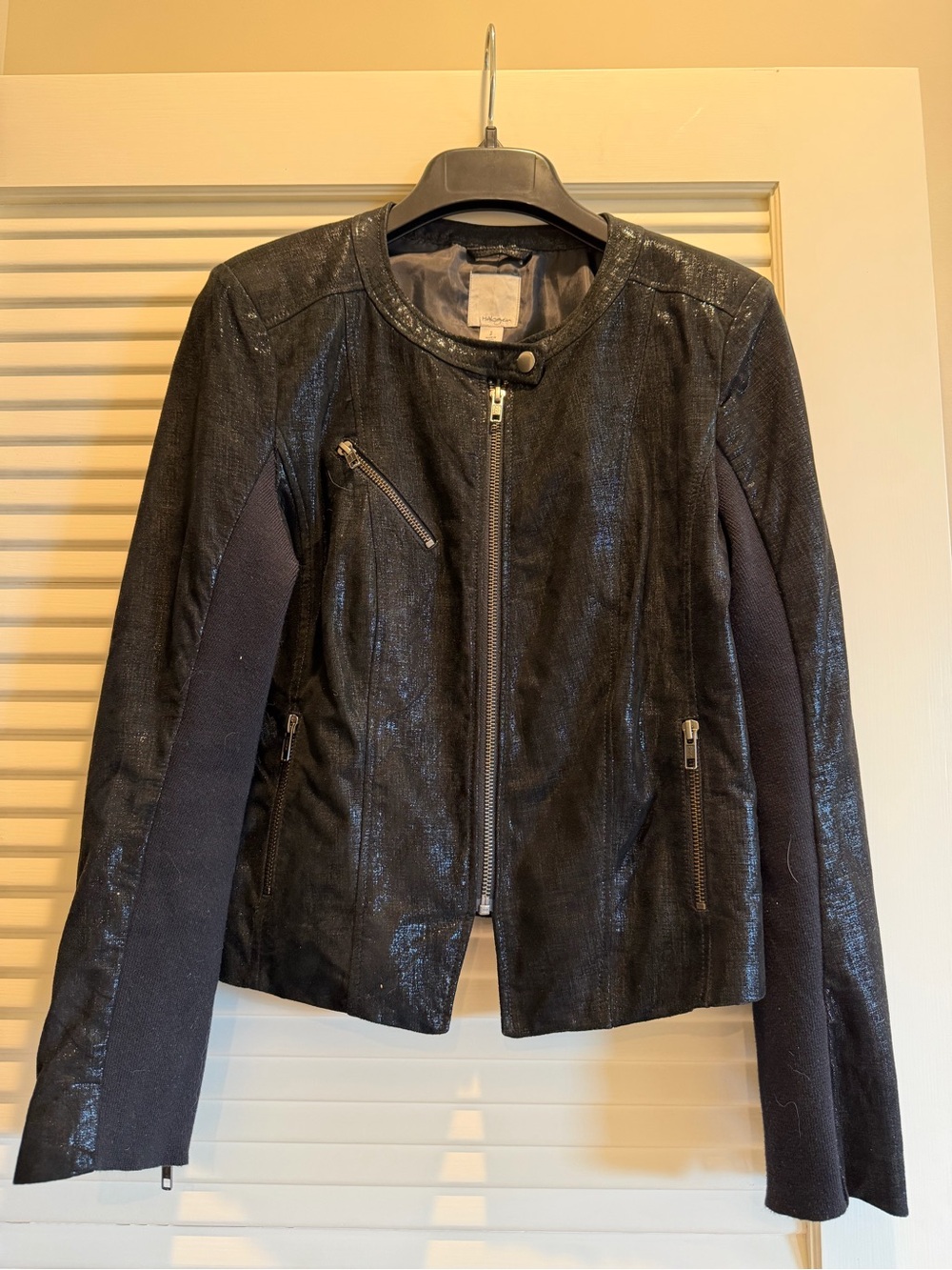 Women's Black Mixed-Media Zip-Front Leather Jacket